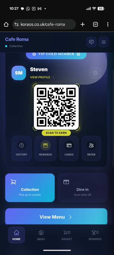 Cafe Roma customer app — scan QR, earn points, order favourites